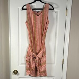 DREW Coral and Olive Striped Sleeveless Tie-Front Mini Dress size medium